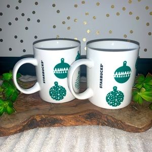 Starbucks 2016 Green Ornament Holiday Christmas Coffee 12 oz. Mugs. Set of 2